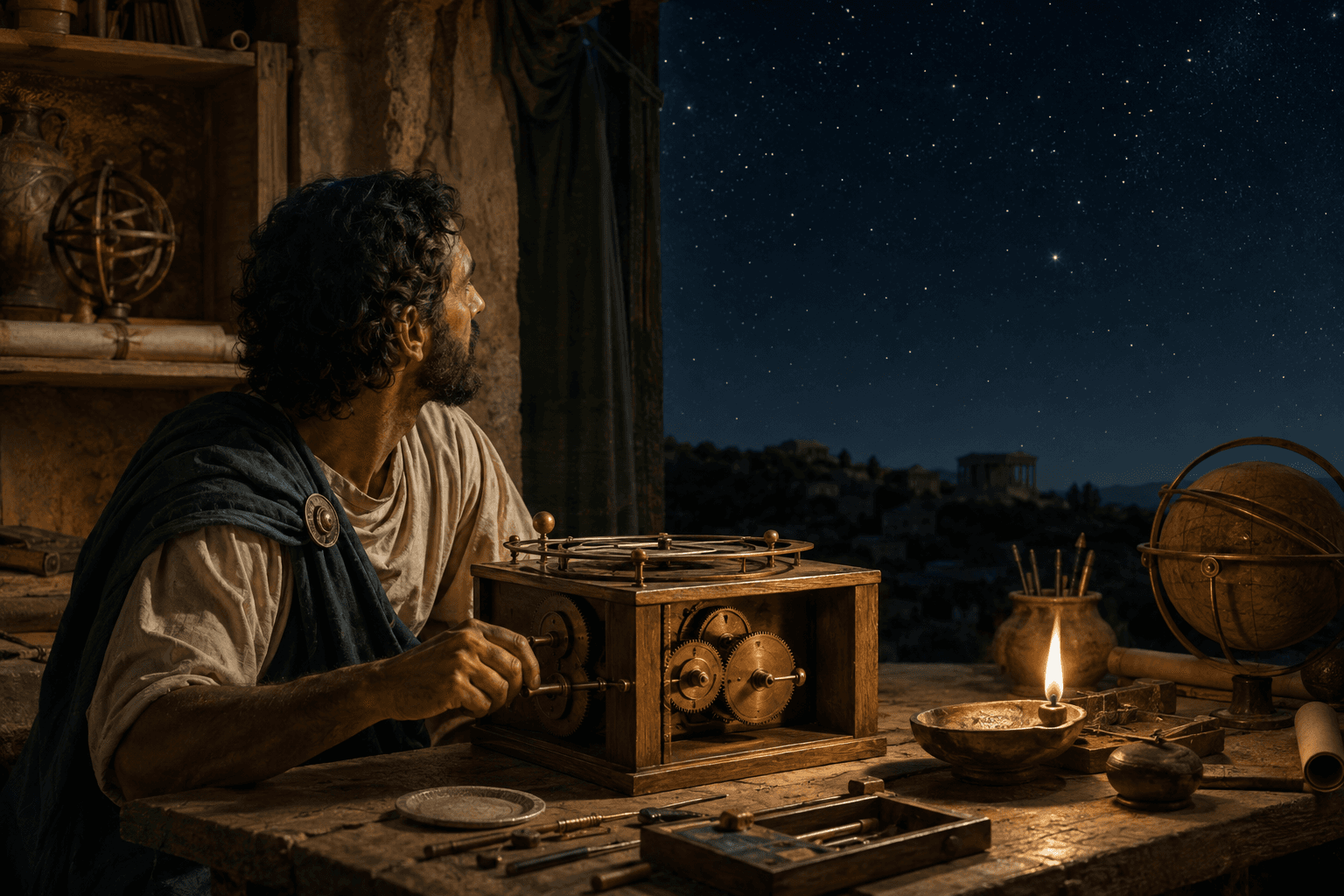古代ギリシャの人物が歯車式天文装置を操作し星空を見る再現イメージ