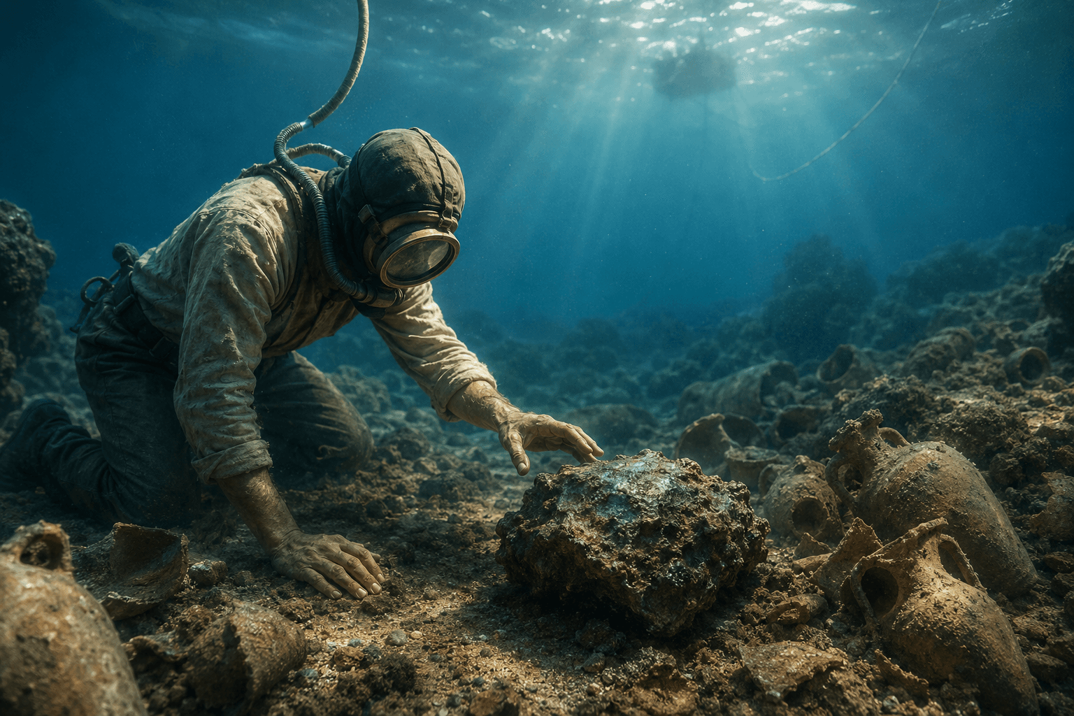 1900年ごろの潜水士が海底で青銅のかたまりを見つける再現イメージ
