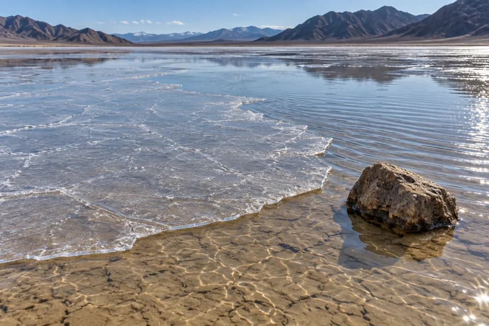 浅い水のさざ波と、石に向かって動く広い氷板の再現