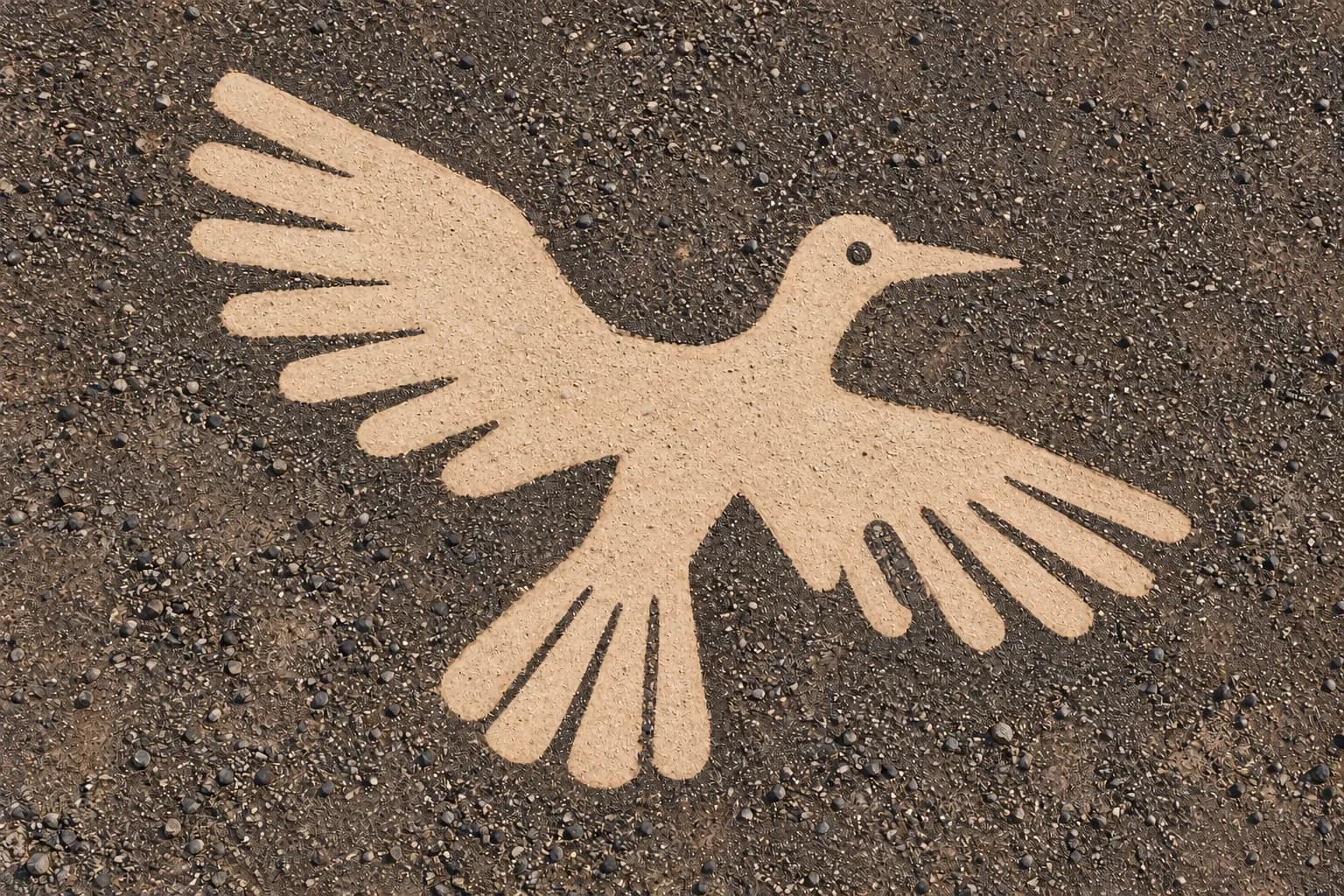 AIによる説明用イメージ。鳥の形の内側を広く石をよけて明るい土を見せ、暗い石を残した目と周囲との違いで形を表す