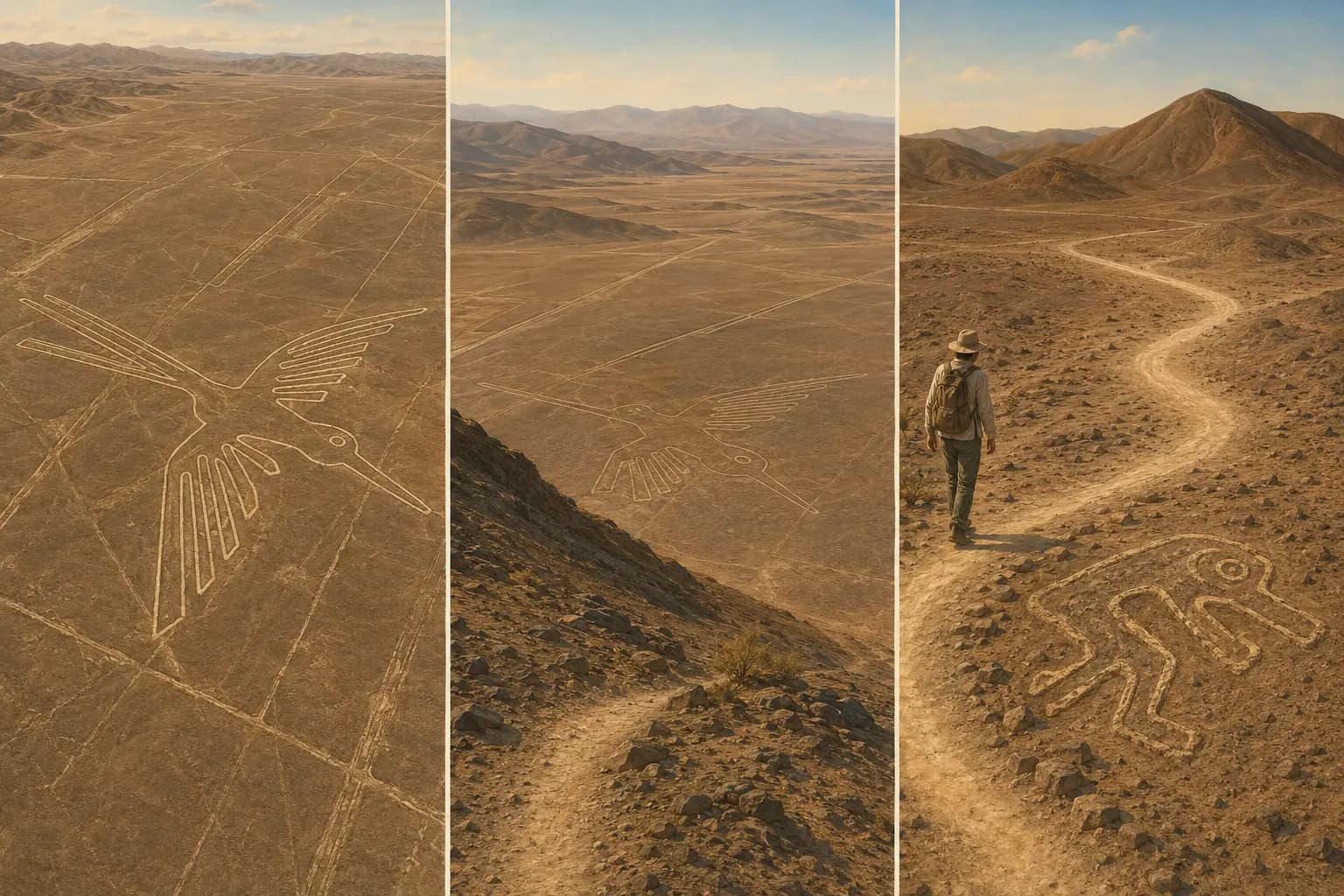 同じ地上絵を上空、高所、地上の3つの視点から見る比較図