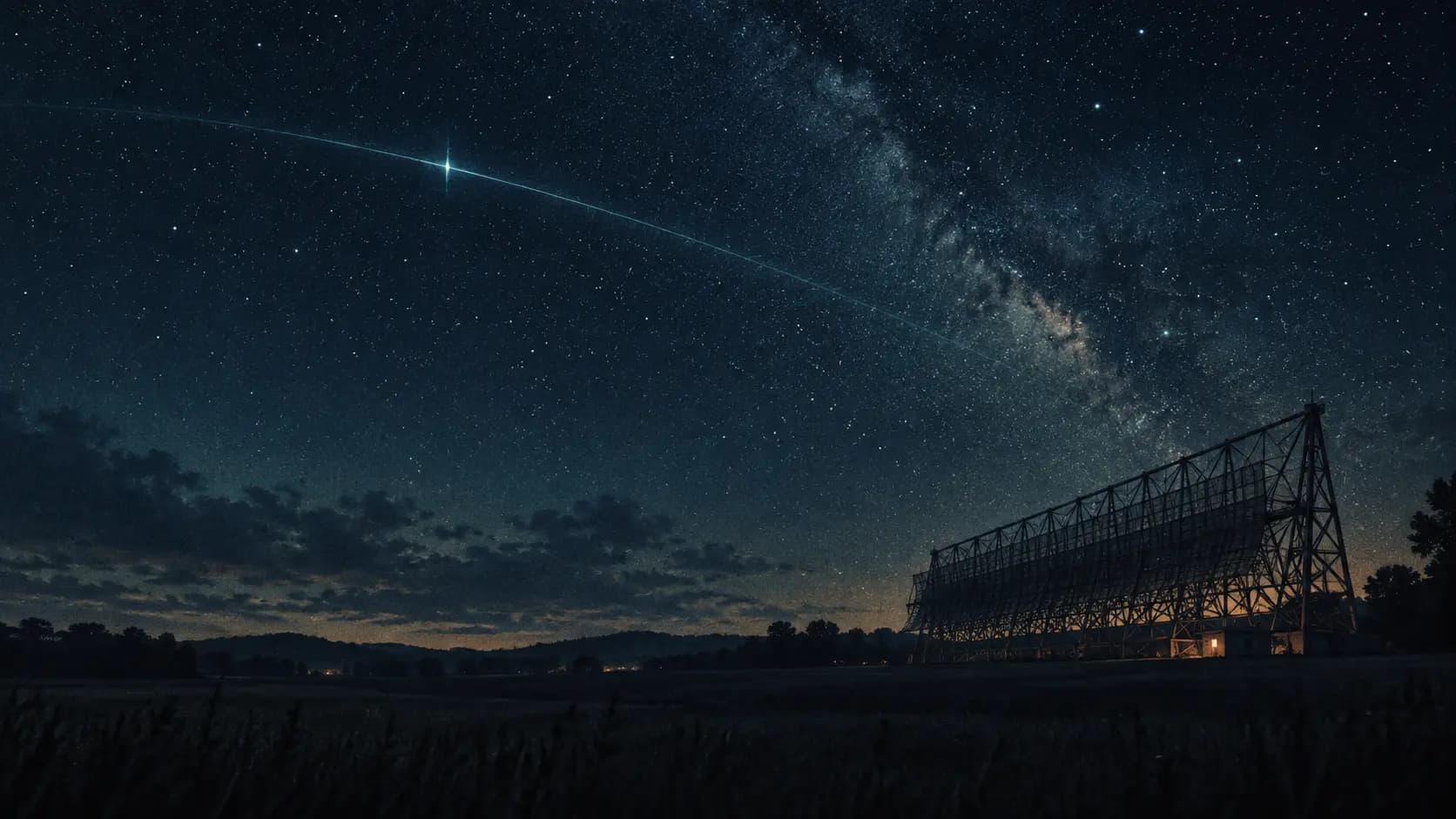 星空の下で電波を待つ1970年代風の電波望遠鏡を描いたAI概念イラスト