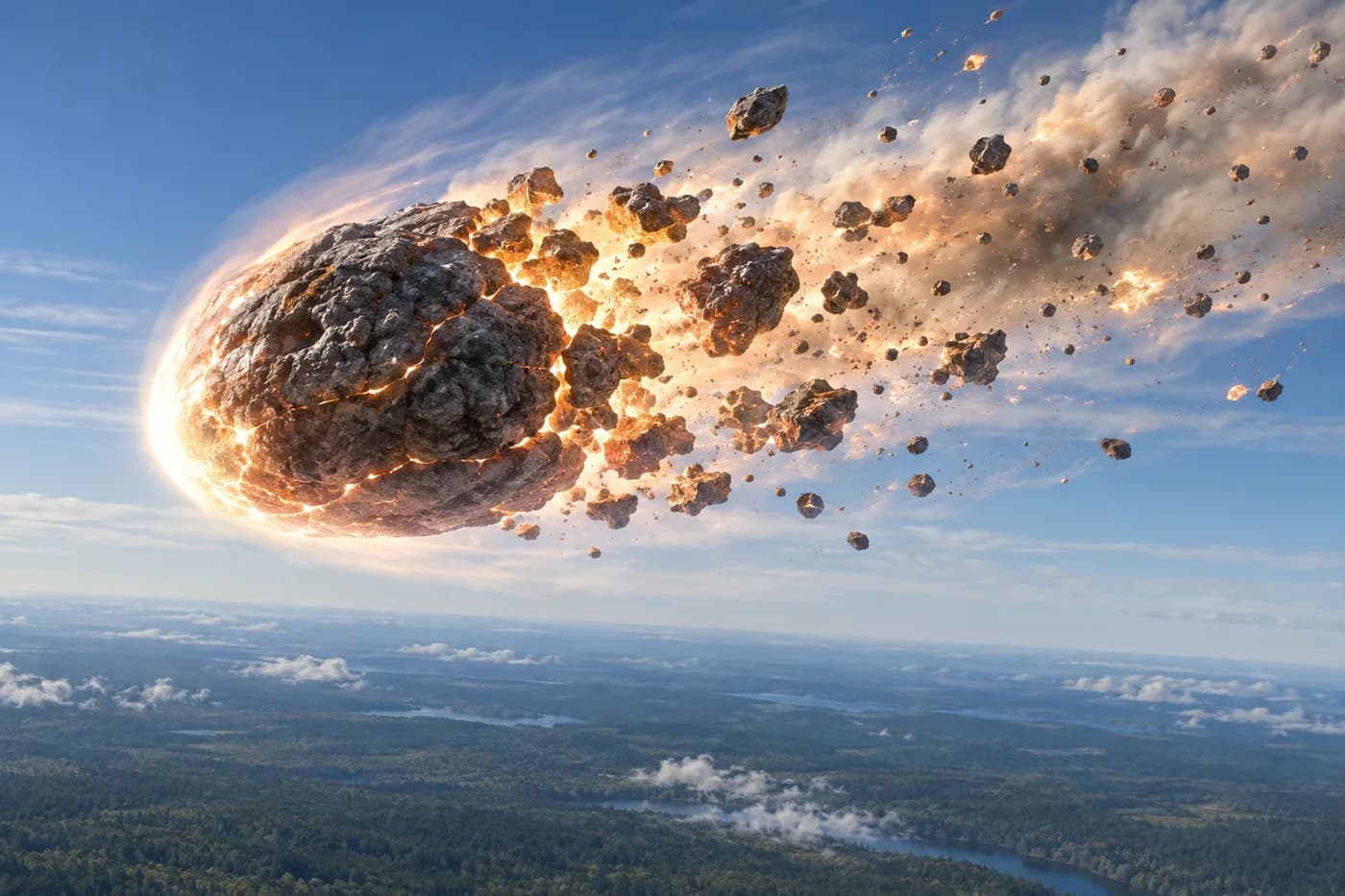 森のはるか上で岩石質の天体が崩れ、光る先端の後ろへ破片が広がる様子を想像した画像