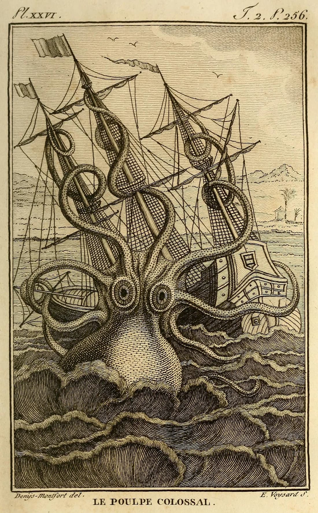 大きなタコのような怪物が帆船の帆や船体に腕を巻きつけた、1801年の図版