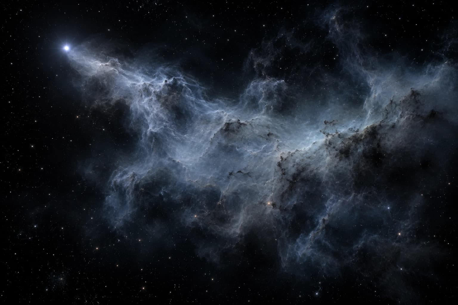 遠くの星の強い放射が、薄く広がる水素雲へ届く様子を想像した宇宙のイメージ