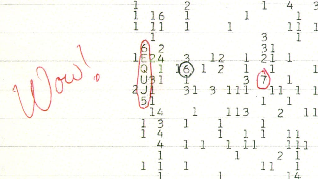印刷された文字の列に、赤ペンで6EQUJ5を囲み、Wow!と書いた当時の観測記録の複製