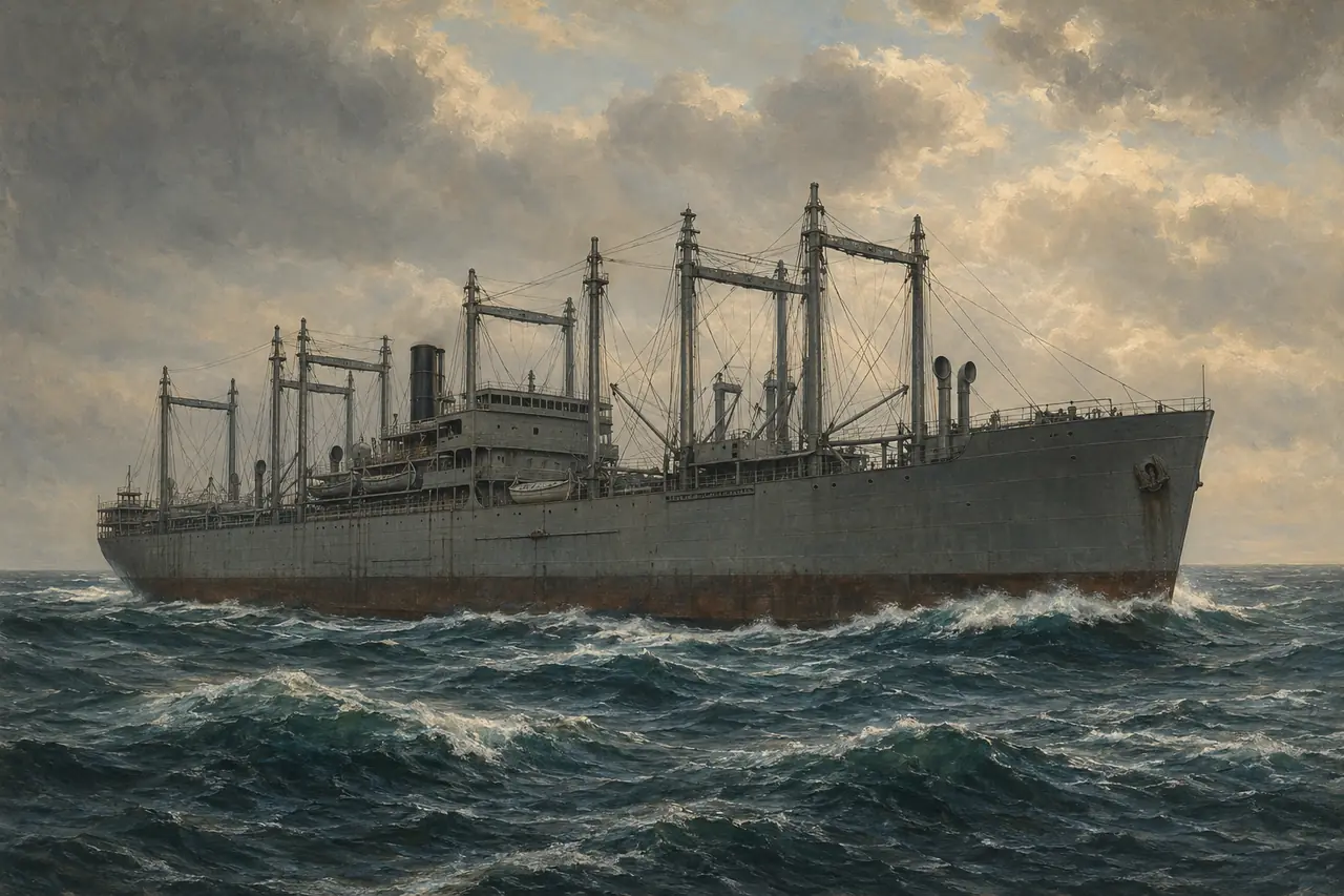 1918年の大西洋を進む大型石炭運搬船USS Cyclopsの復元イメージ