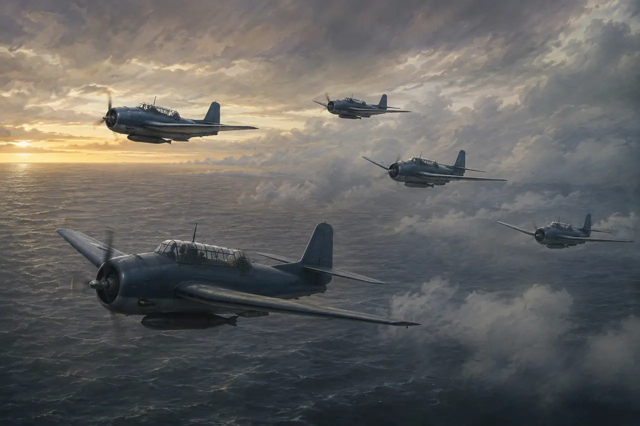 天候が変わり始める大西洋上を編隊飛行する5機のTBM Avenger