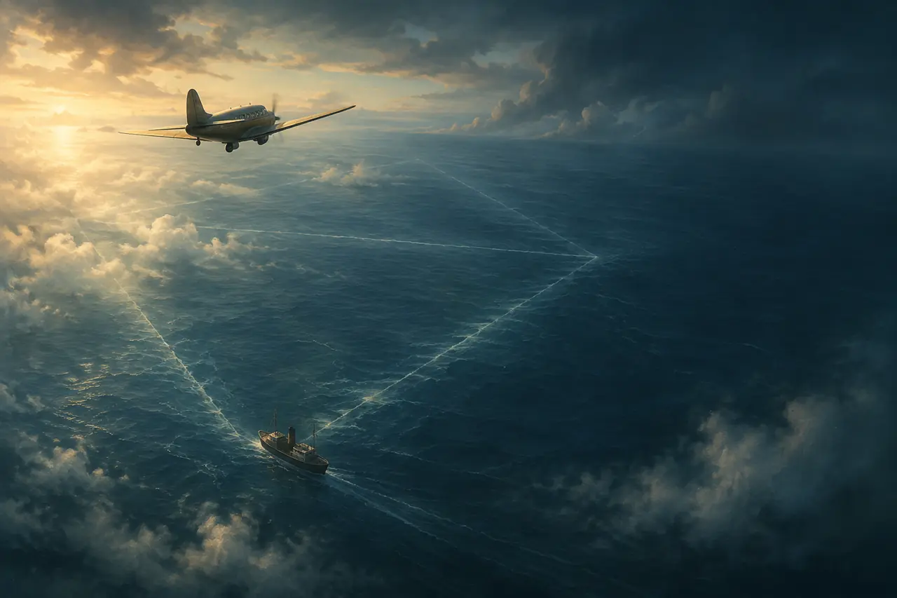 大西洋を進む船と上空の飛行機、海面に薄く浮かぶ三角形