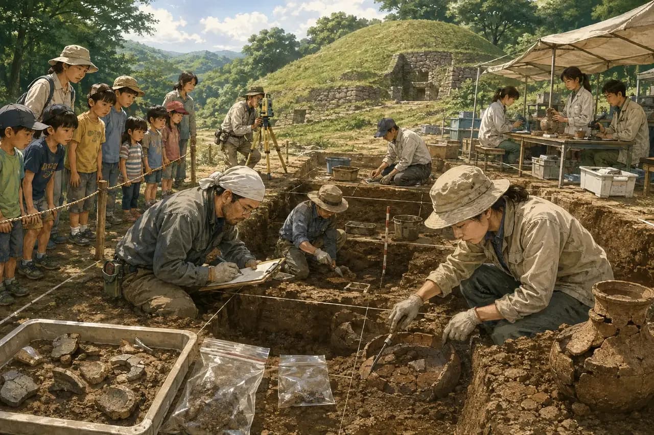 発掘現場で土器や地層を記録する考古学者
