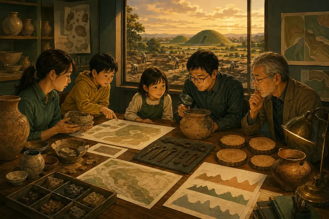 土器や鉄器、年輪試料を比べる現代の研究者と子どもたち