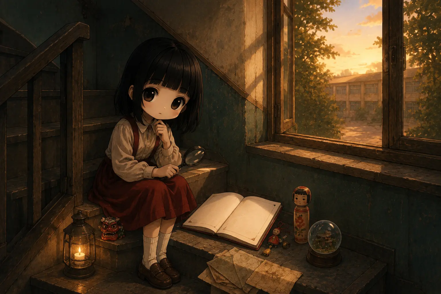 夕暮れの学校で、花子さんが虫眼鏡と白紙の記録帳を手に調査を続けるイラスト