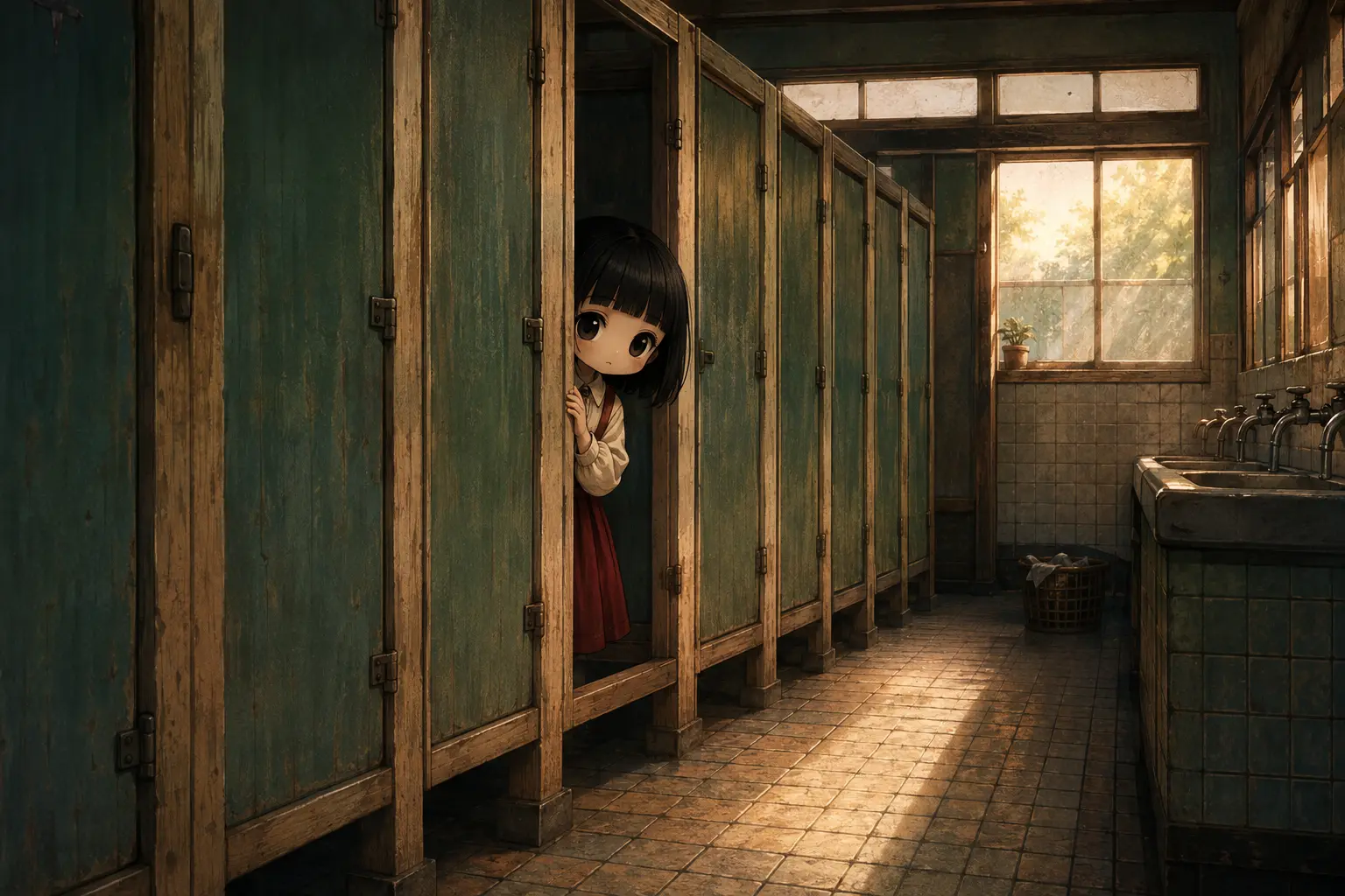 放課後の学校のトイレ。3番目の個室から花子さんがそっとのぞいているイラスト