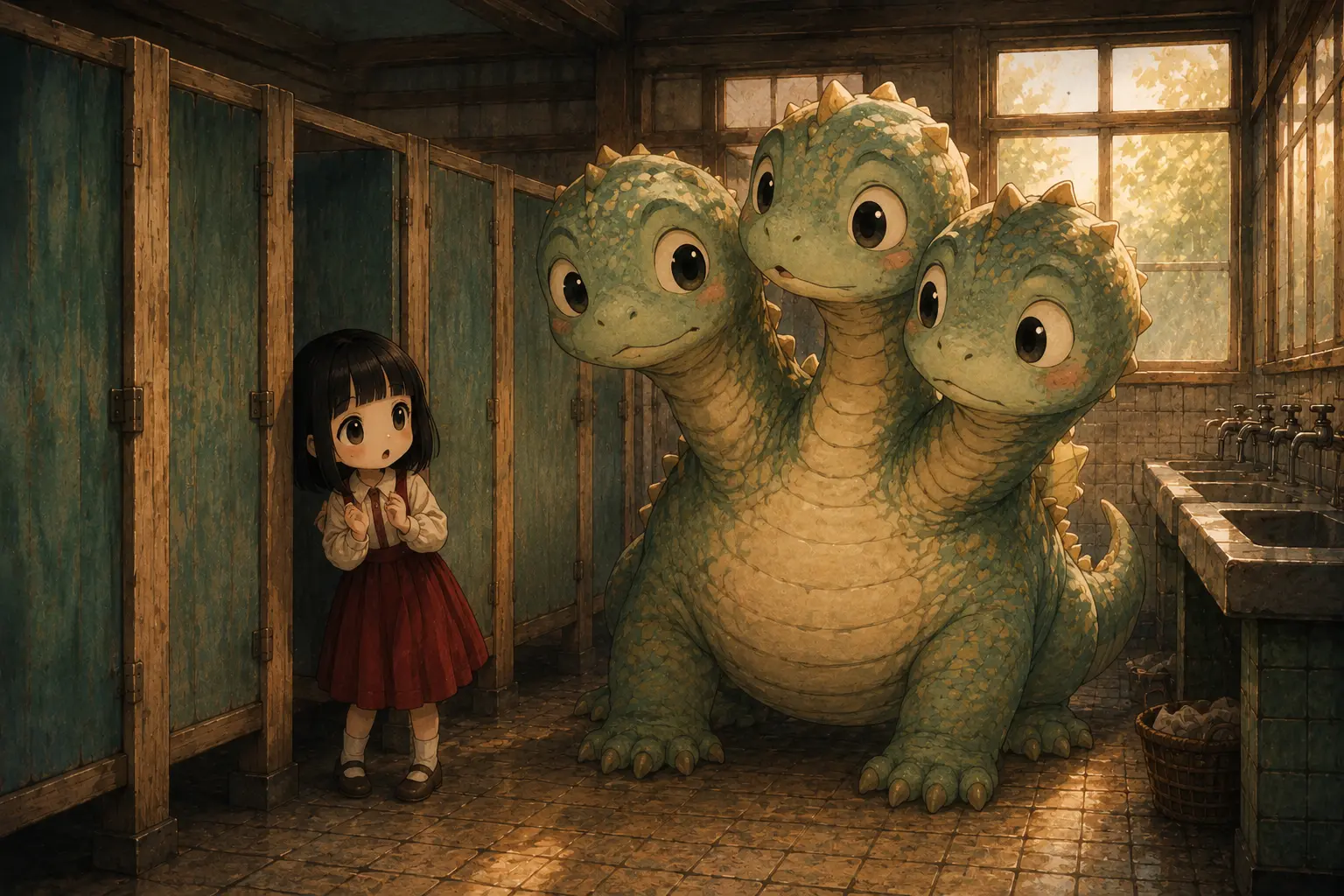 3つの頭をもつ巨大なトカゲのような花子さんの伝承を、怖すぎないタッチで描いたイラスト