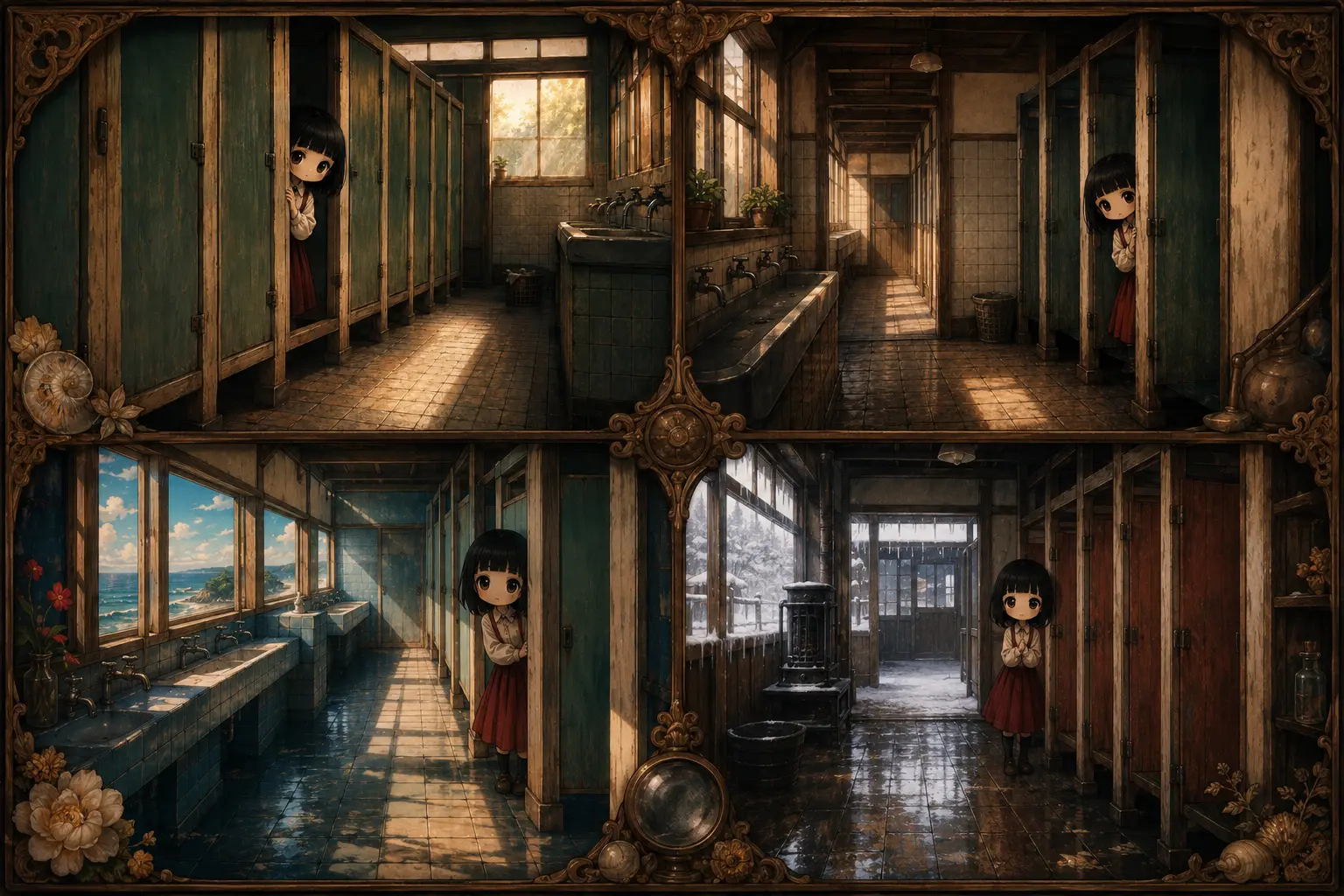 地域や学校によって異なる花子さんの伝承を、四つの学校風景で見比べるイラスト