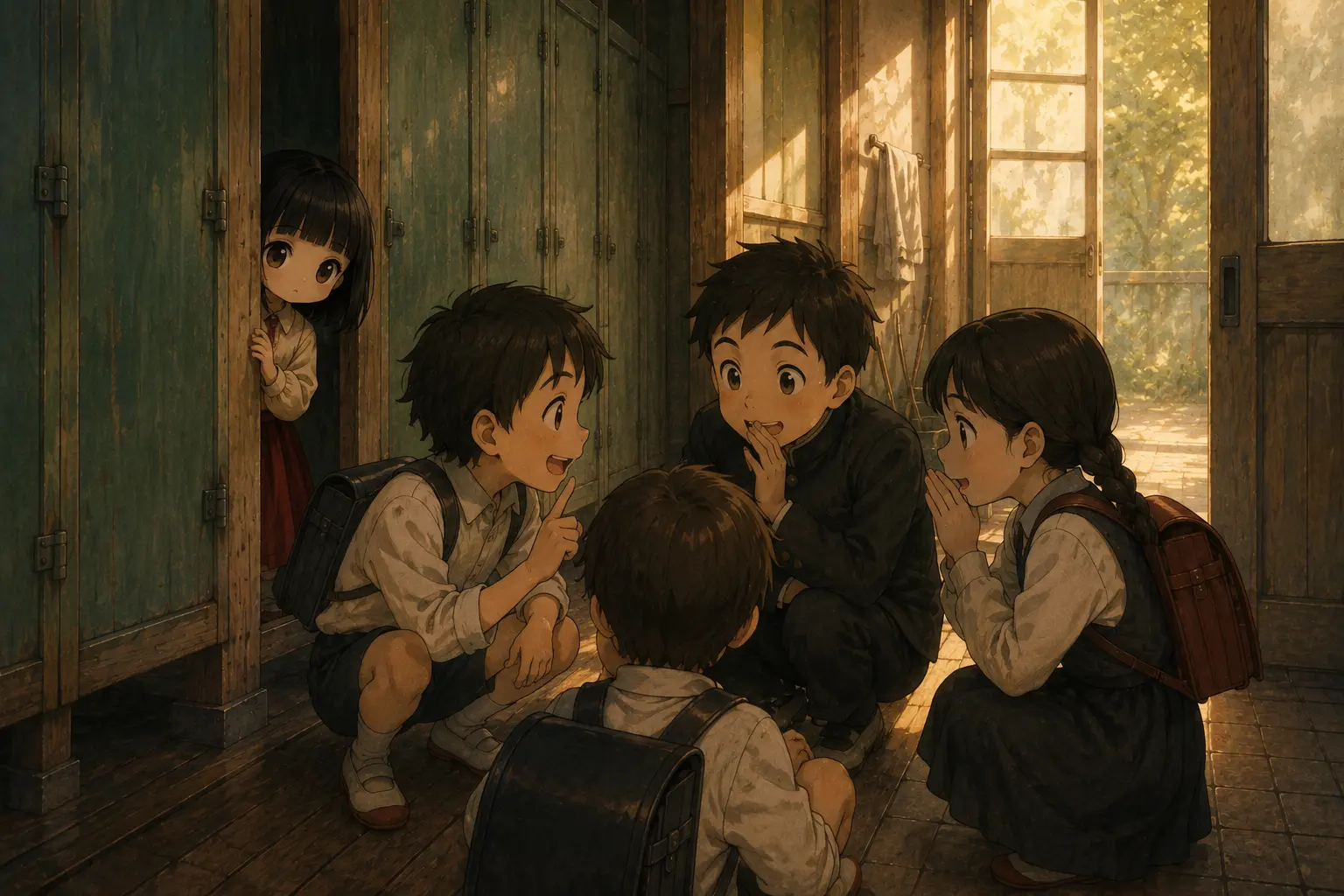 子どもたちが学校の怪談を友だち同士で話し、そのそばで花子さんがこっそり聞いているイラスト