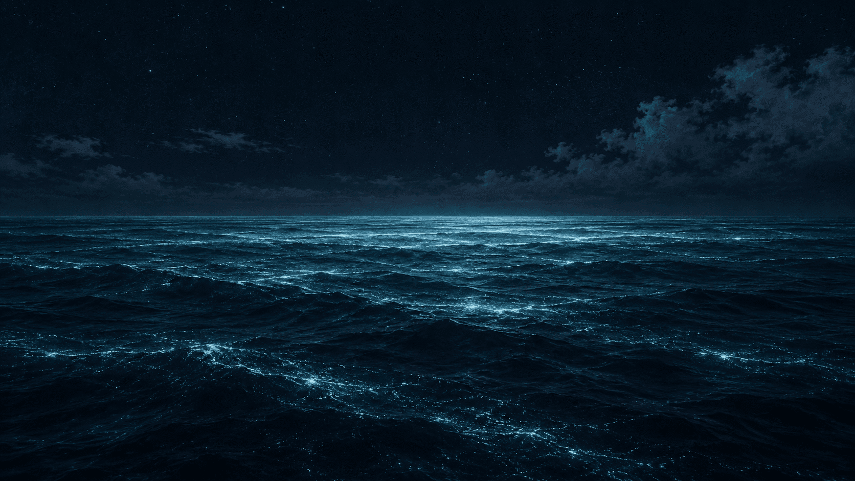 夜の海面が水平線まで淡い青緑色に光る様子を描いたAI概念イラスト