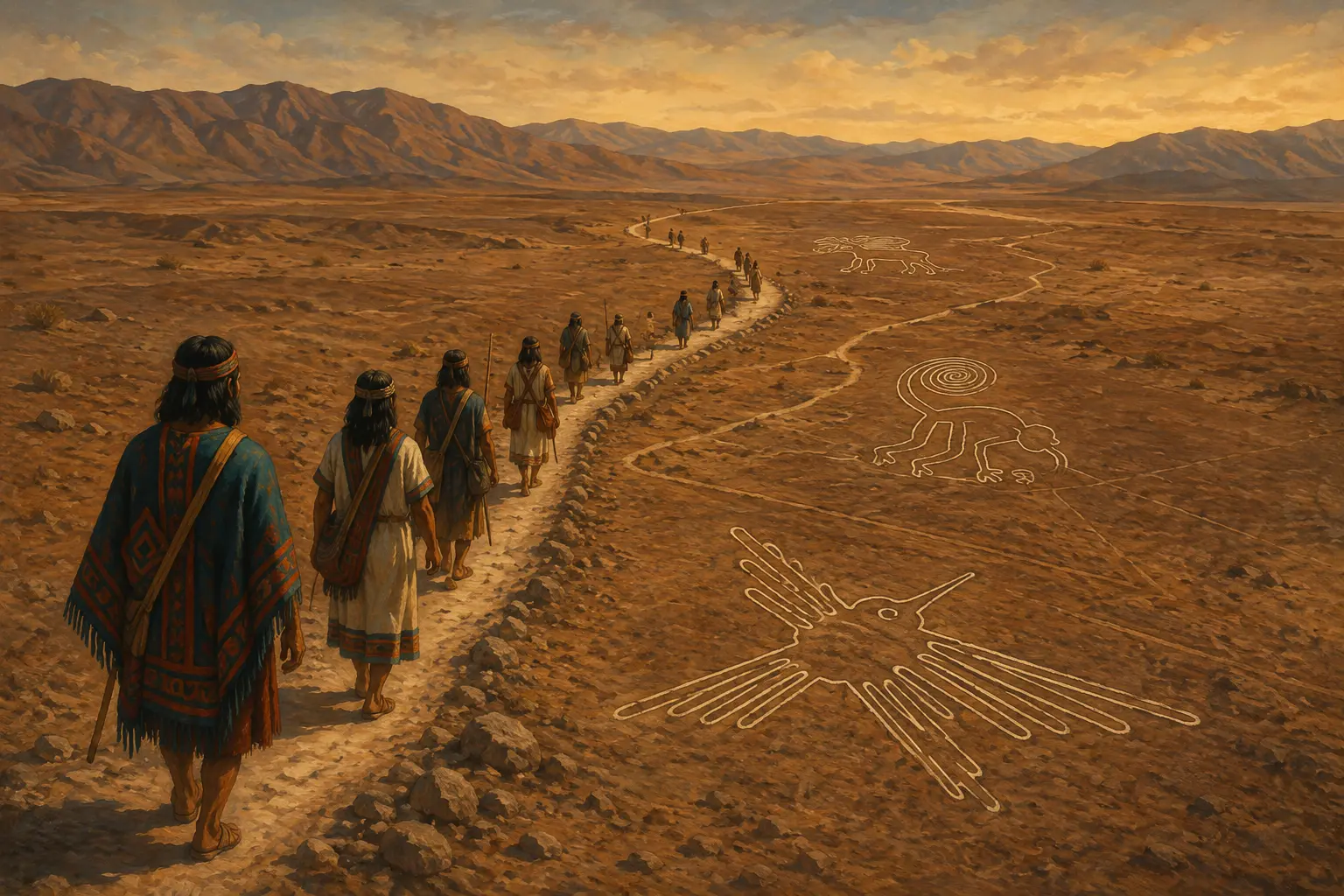 古代の人々が砂漠の小道を歩き、道沿いの地上絵を順に見る復元イメージ