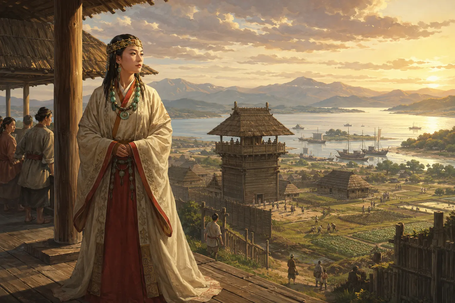 3世紀ごろの日本を想像し、集落と女王を象徴的に描いたイメージイラスト