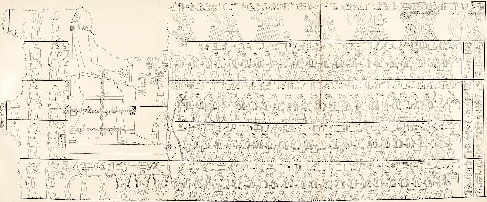 墓の壁画を記録した図版。左の大きな像を右の人々が縄で引き、像の足元のそりの前で水を注ぐ人物がいる