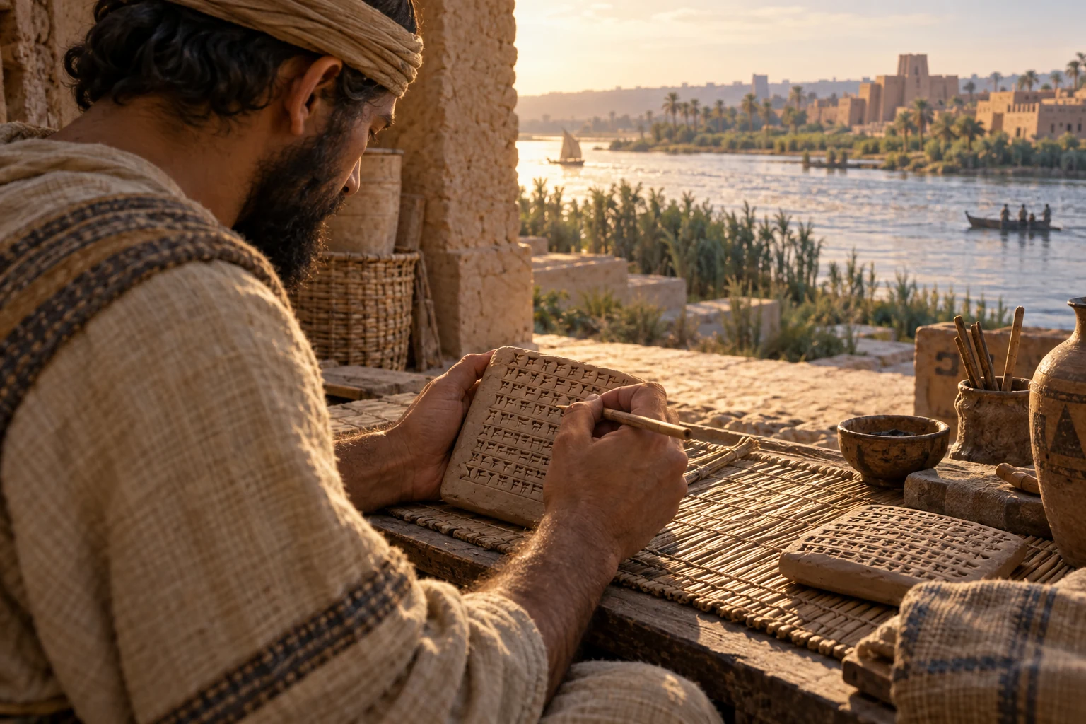 古代メソポタミアの大河の近くで、書記が葦の筆を使い粘土板に楔形文字を刻む再現画像。特定の作者を描いたものではない