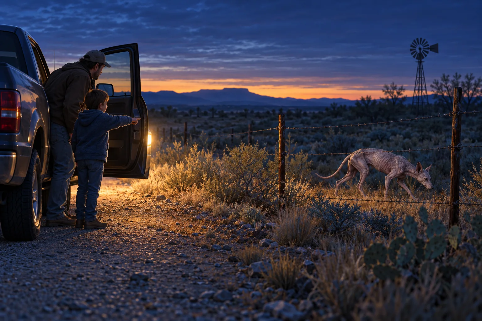テキサスの夜明けに、親子が安全な距離から毛の少ない四本足のコヨーテらしい動物を見る概念再現