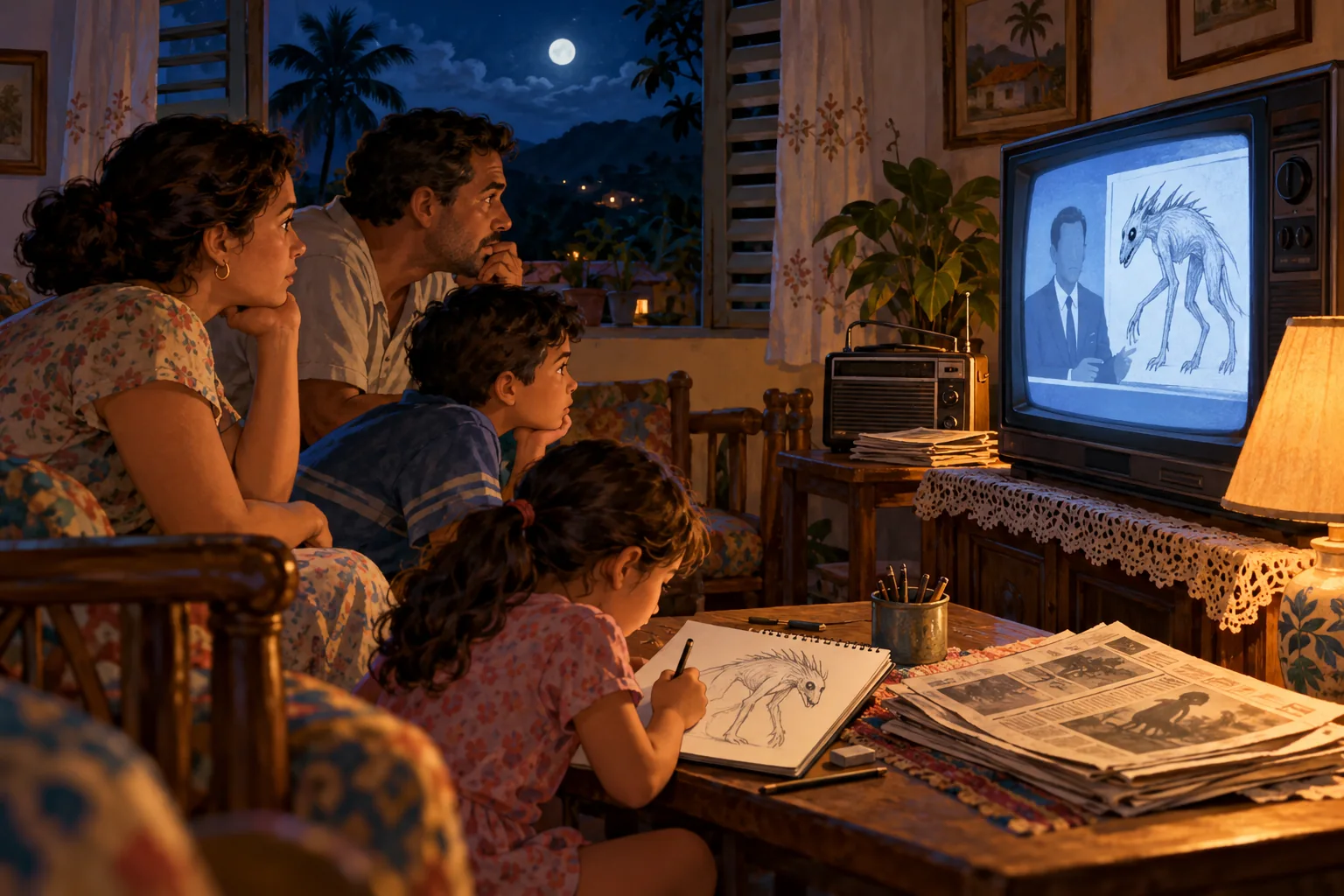 1995年のプエルトリコで、家族がテレビの怪物スケッチを見る概念再現。子どもも同じ姿を紙に描いている