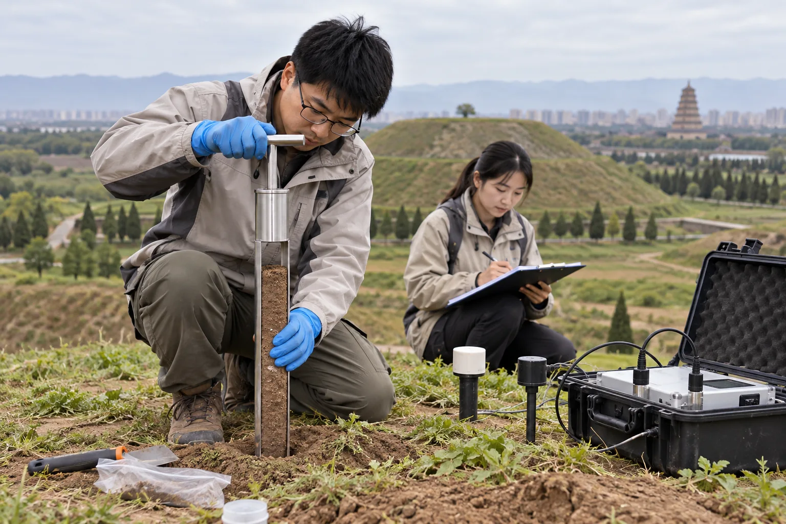 草地の墳丘で土と測定器を調べる研究者の再現イメージ