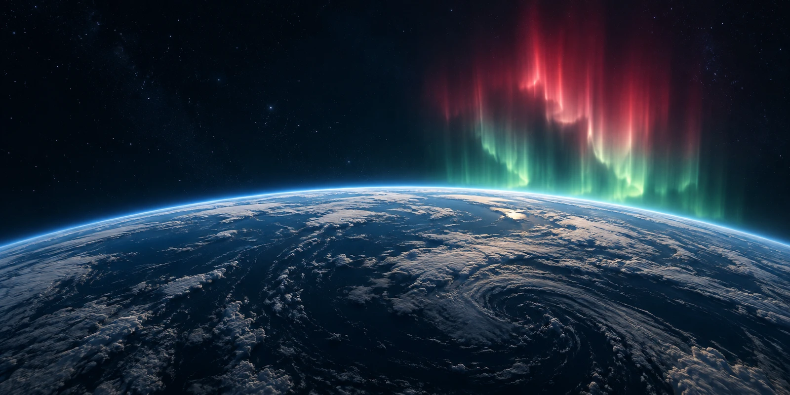 丸みのある地球の遠くに、上方の赤と下方の緑のオーロラが光る様子を再現した生成画像