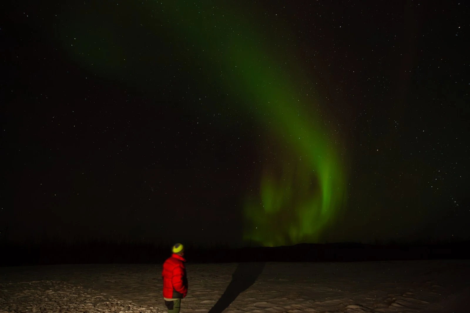 雪の地面に立つ人が、星空に広がる緑のオーロラを見上げている実写真