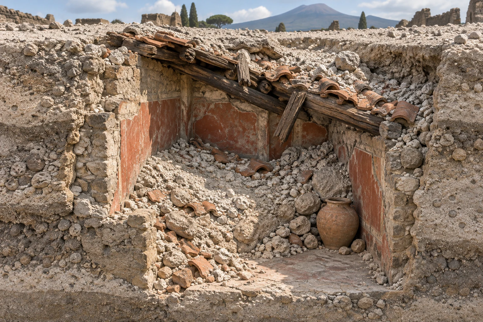 灰などに包まれた古代ローマの建物を、手前を開いて描いた想像の断面。屋根の一部がくずれる一方、壁や床、容器が残っている