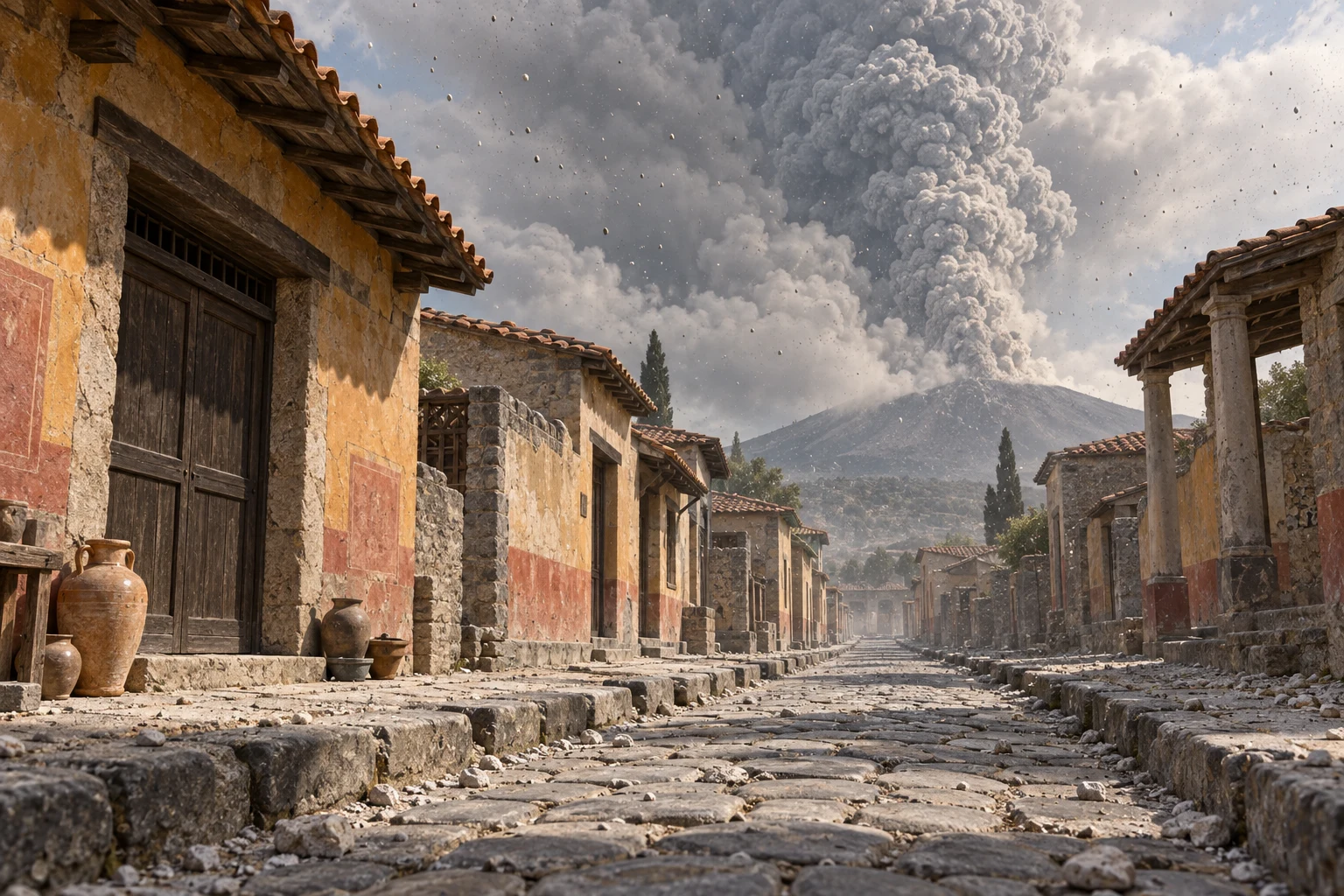 ローマ時代の街の向こうに火山の大きな噴煙が立ち、屋根や道に灰が積もる想像の場面