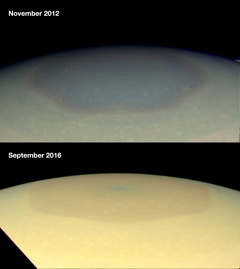 上は2012年11月の青みがかった土星の北極、下は2016年9月の金色がかった北極。両方の画像を上下に並べた比較